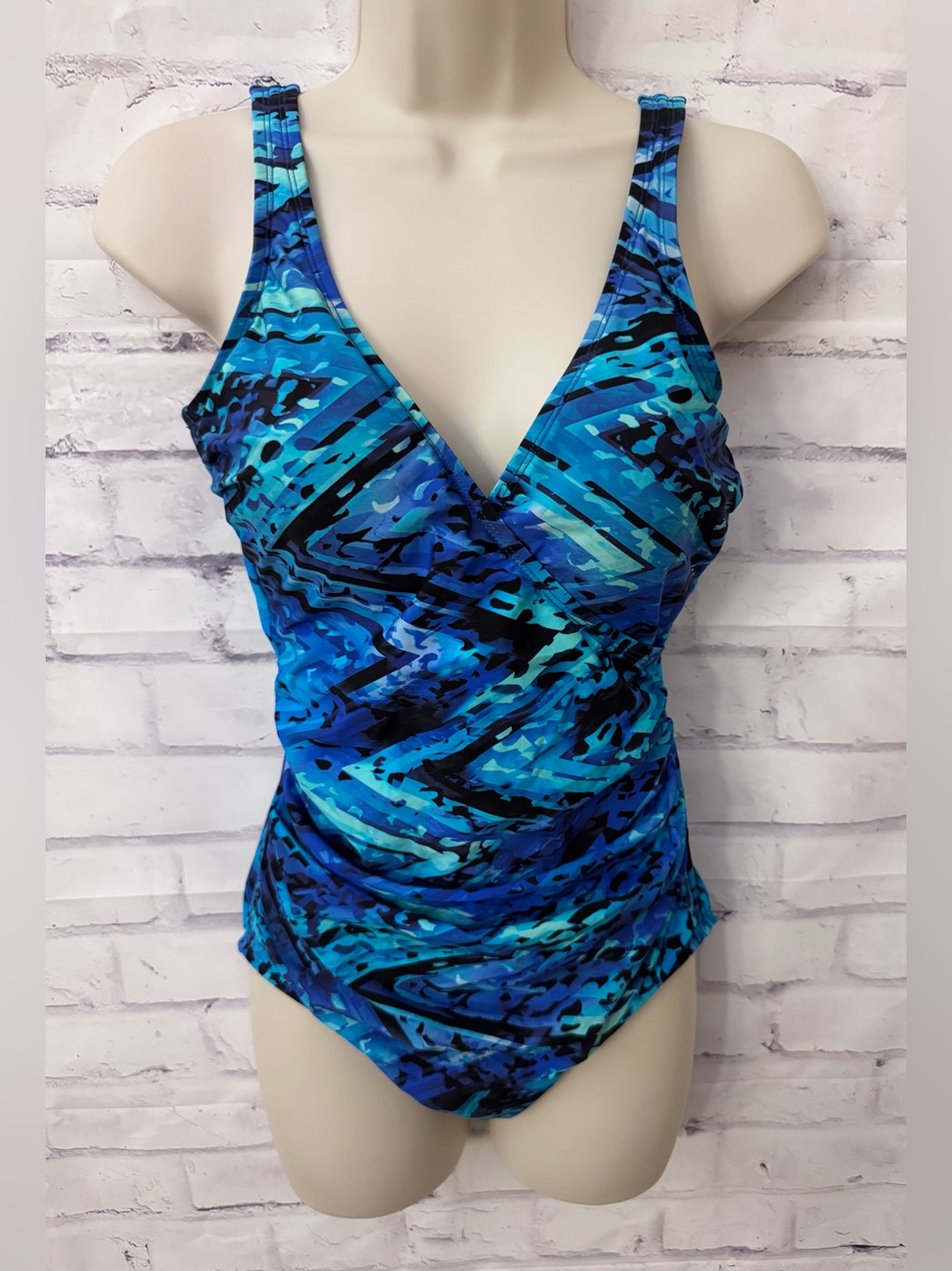 Miradonna By Miraclesuit V Neck One Piece Swimsuit Slimming Size 10 Blue Modest